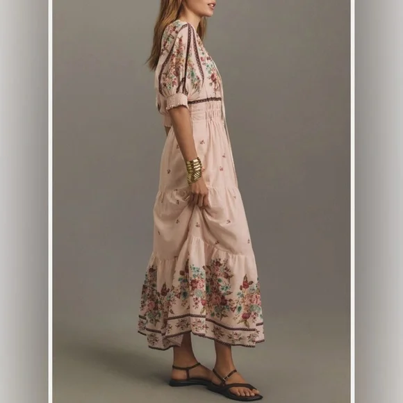 By Anthropologie-Pink Somerset puff sleeve maxi dress with floral print.Large - Picture 3 of 12